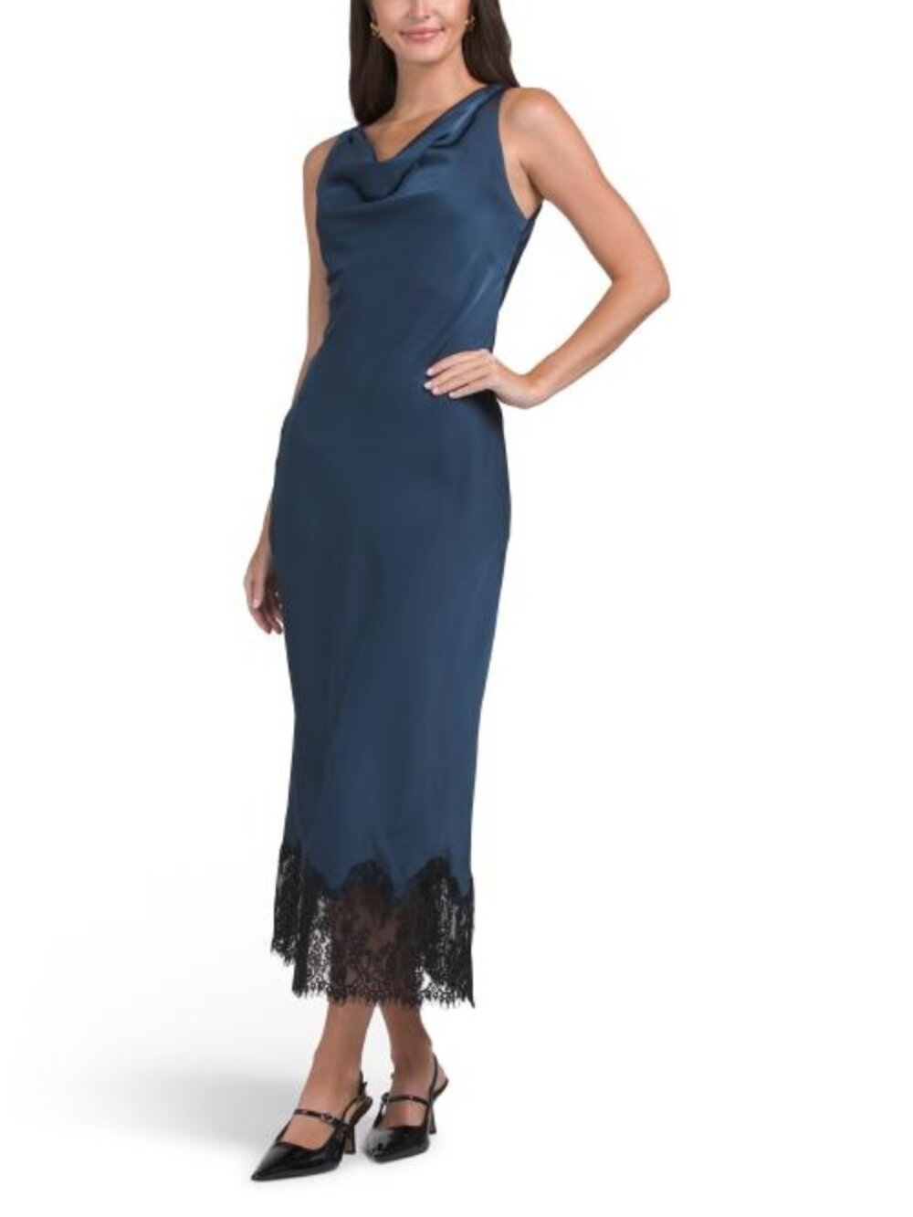 RACHEL ZOE Cowl Neck Midi Satin Slip Dress With Lace At Hem